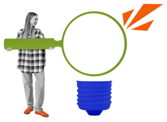 Woman in plaid shirt holding large green marker, forming an empty speech bubble with blue and orange elements on a white background, concept of communication