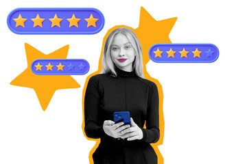 Woman using smartphone with star rating icons, isolated on white background. Concept of online...