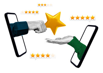 Hands exchanging a golden star through smartphone screens, symbolizing online customer feedback....