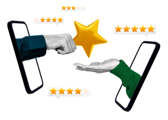 Hands exchanging a golden star through smartphone screens, symbolizing online customer feedback. Floating rating icons on a white background enhance the concept