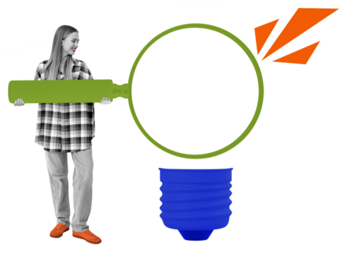 Woman in plaid shirt holding large green marker, forming an empty speech bubble with blue and orange elements on a white background, concept of communication