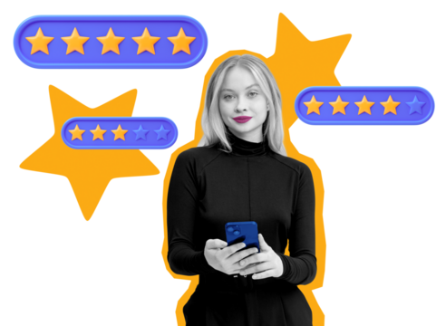 Woman using smartphone with star rating icons, isolated on white background. Concept of online customer feedback, reputation, and business satisfaction - Powered by Adobe