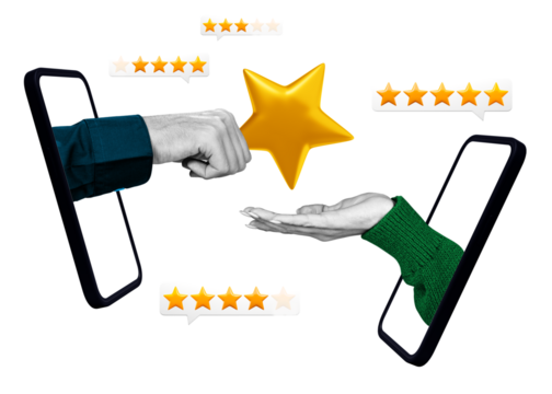 Hands exchanging a golden star through smartphone screens, symbolizing online customer feedback. Floating rating icons on a white background enhance the concept - Powered by Adobe