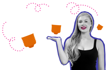 Woman inoutfit with highlighted lips, outlined in blue, holding abstract orange light bulb shapes with pink dotted patterns, on a white background. Concept of creativity