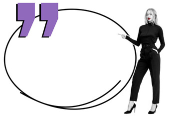Woman inoutfit pointing at a large empty speech bubble with purple quotation marks, isolated on...