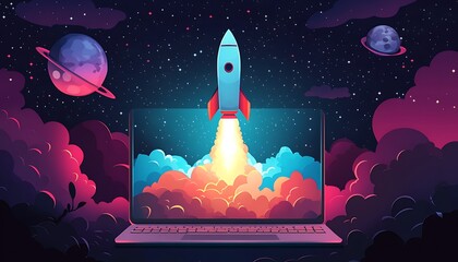 Fototapeta premium A rocket is launching from a laptop into outer space