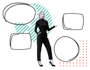 Woman in stylishoutfit pointing at empty speech bubbles with abstract design elements on a white background. Concept of communication and social interaction