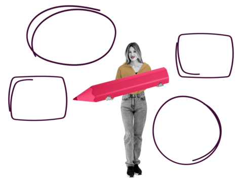 Woman holding a large pink pencil with hand-drawn speech bubbles around her on a white background. Concept of creativity, communication, and ideas