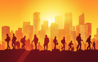 Fototapeta premium Silhouette of People Walking Towards a City at Sunset