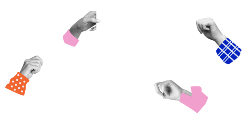 Fourand white hands with colorful cuffs arranged in a square frame on a white background. Each hand is in a different pose, creating a unique design element