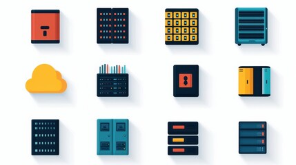 Data Center icon infographic concept. Minimalist Data Center Icon Set Depicting Server Racks and Storage Solutions