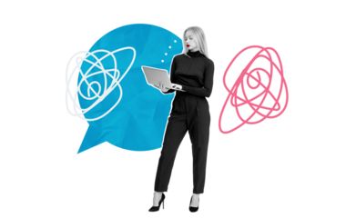 Woman inoutfit holding a laptop, surrounded by blue and pink abstract speech bubbles with scribbles, on a white background. Concept of communication and thinking