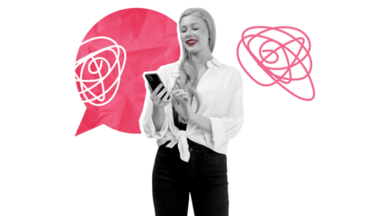 Woman in white shirt using smartphone, surrounded by red abstract speech bubbles with tangled lines, on white background. Concept of communication or confusion