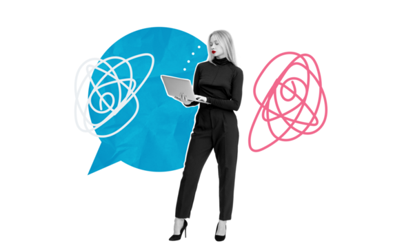 Woman inoutfit holding a laptop, surrounded by blue and pink abstract speech bubbles with scribbles, on a white background. Concept of communication and thinking