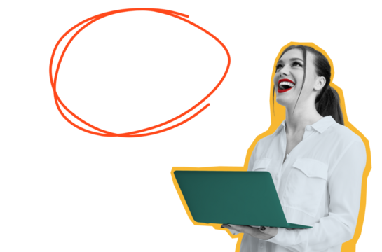 Woman holding a laptop, looking up with a bright expression. A red speech bubble is drawn beside her on a white background, symbolizing communication or ideas - Powered by Adobe