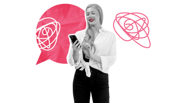 Woman in white shirt using smartphone, surrounded by red abstract speech bubbles with tangled lines, on white background. Concept of communication or confusion