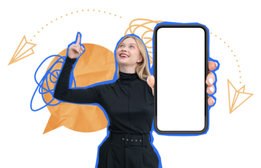 Smiling woman in dark outfit holding smartphone with blank screen, pointing up. Abstract speech bubble and paper plane doodles on white background