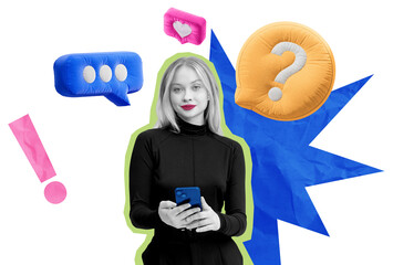 Woman inoutfit holding smartphone, surrounded by colorful abstract speech bubbles, question mark, and exclamation point on a white background
