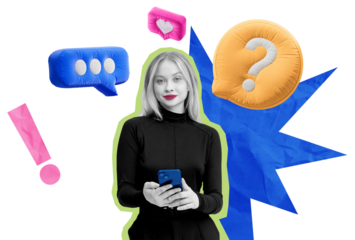 Woman inoutfit holding smartphone, surrounded by colorful abstract speech bubbles, question mark, and exclamation point on a white background