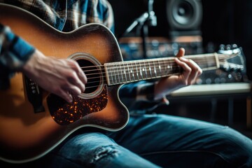 Obraz premium Acoustic guitar performance in a cozy music studio setting
