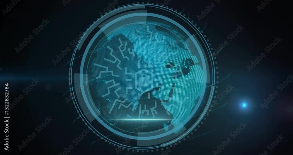 Poster glowing lines and circuit patterns on digital globe, showcasing animation technology
