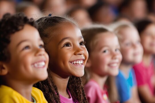 Side view of a children audience enjoying a kids concert or movie with happy smiling faces