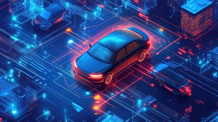 Naklejka premium Futuristic Car Driving Through Digital Cityscape at Night