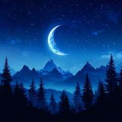 A Crescent Moon Rises Over the Mountain Range