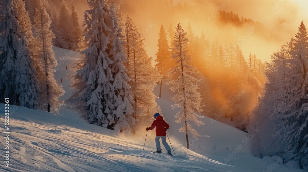Poster a skier glides down a snowy slope surrounded by frost covered trees, illuminated by a stunning sunse