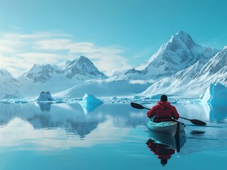 illustration of high angle of traveling anonymous person in outerwear and with paddles floating in canoe along calm sea with icebergs in Greenland against blue sky in daylight - ai
