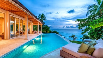 Fototapeta premium Luxury Oceanfront Villa Pool at Dusk - Luxury Lifestyle: The image .