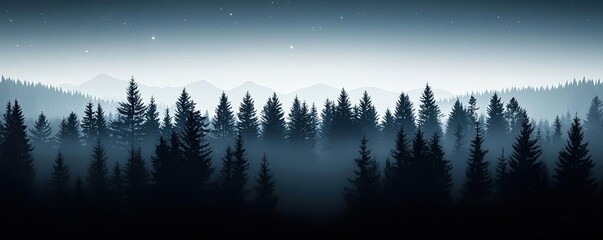 Obraz premium Dark sky idea. Serene forest silhouette illuminated by a soft twilight glow and misty atmosphere.
