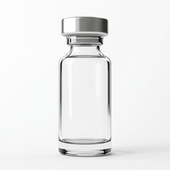 Empty glass vial with silver cap on white background.