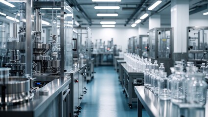 A modern industrial facility with machinery and glass containers for production.