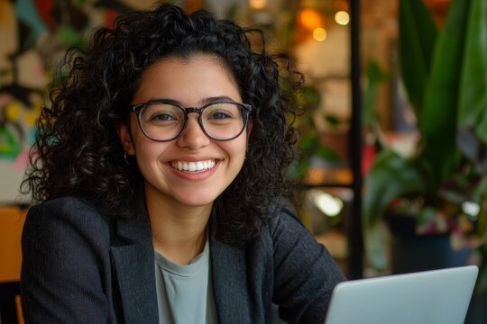 Happy and smiling hispanic businesswoman typing on laptop, office worker with curly hair and glasses happy with achievement results, at work inside office building