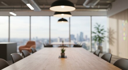 Business modern office open space with wooden table bokeh background blurred interior with panoramic windows and beautiful lighting