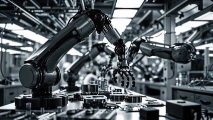 Robotic arms working on a production line in an industrial setting.