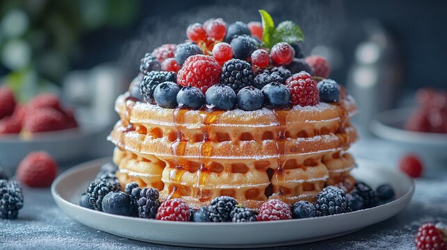 Photography of a stack of golden waffles topped with mixed berries and syrup - Powered by Adobe
