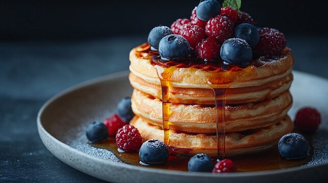 Photography of a stack of golden waffles topped with mixed berries and syrup