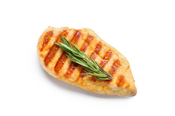 Tasty grilled chicken breast with rosemary on white background