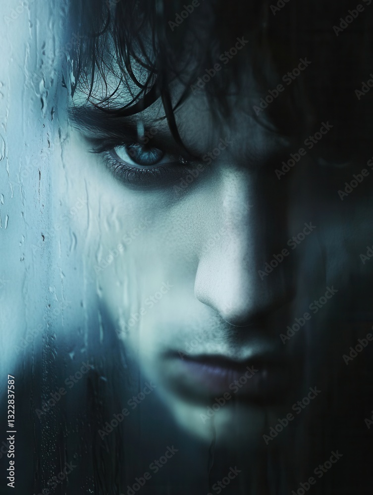 Poster melancholic reflection of a lone figure behind a rain-soaked window at dusk