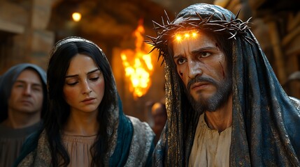 Obraz premium Jesus crowned with thorns, witnessing suffering, historical religious scene, possible use for faith-based media
