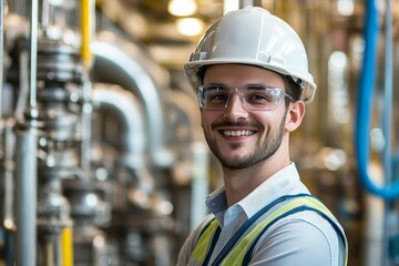 Portrait of young successful engineer worker, man smiling and looking at camera, wearing hard hat and vest, working in factory plant