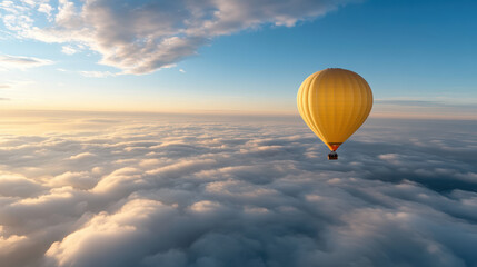 Obraz premium serene hot air balloon floats above fluffy clouds at sunset