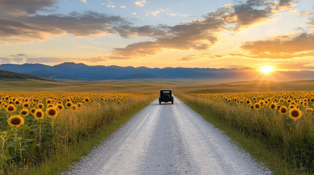 Fototapeta scenic country road lined with sunflowers at sunset, evoking tranquility