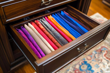 An open mahogany drawer showcases color-coded scarves, adding a touch of luxurious organization to a classic setting.