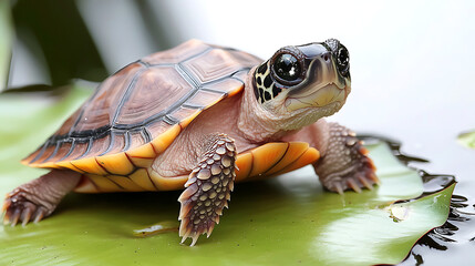 Obraz premium A baby turtle is standing on a green leaf. AI Generated