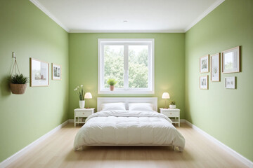 Fototapeta premium bedroom with bed nightstands and pictures on the wall