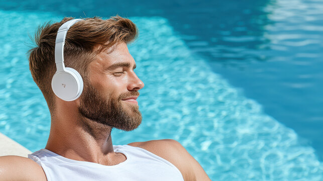 man enjoying quiet moment by pool while listening to music