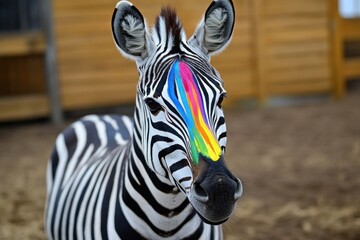 Naklejka premium Colorful Zebra with Rainbow Art Design on Its Face in Enclosure